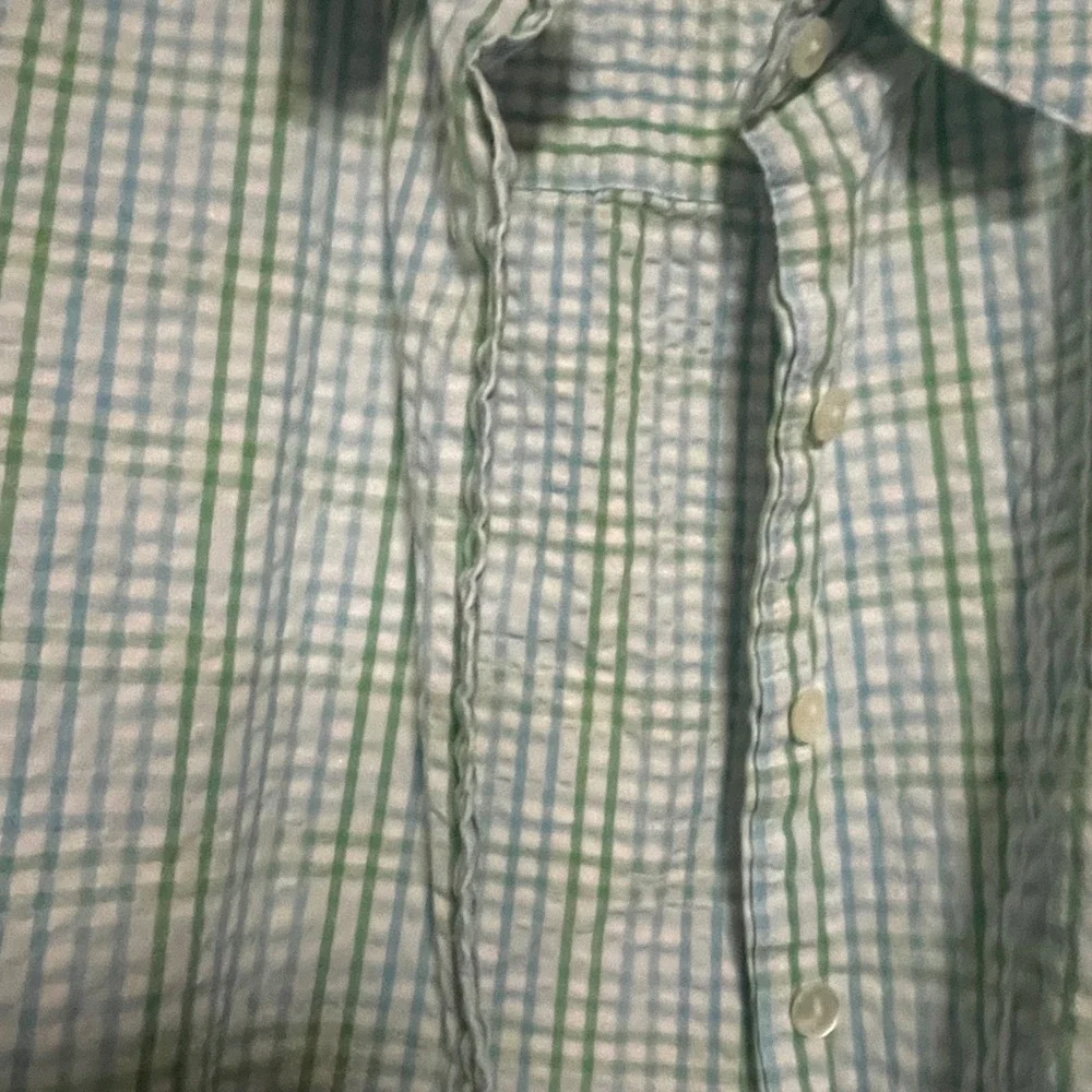 LL Bean Womens Small Green Blue Plaid Seersucker 3/4 Sleeve Button Down Shirt - Picture 3 of 5